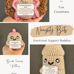 Naughty Bits Emotional Support Buddies Crochet Pattern Bundle with Printable Tags in 3 Sizes