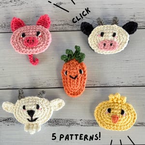May include: Crocheted farm animal patterns, including a pig, cow, carrot, goat, and chick. The pig is pink, the cow is white and black, the carrot is orange, the goat is white, and the chick is yellow. The text "CLICK" and "5 PATTERNS!" are also visible.