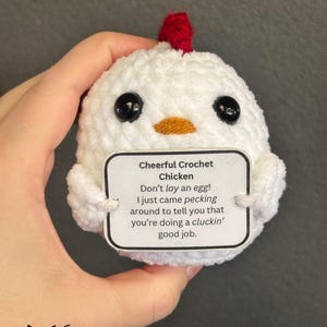 Cheerful Crochet Chicken Crochet Pattern with Printable Tag in 3 Sizes - Small, Medium, Large