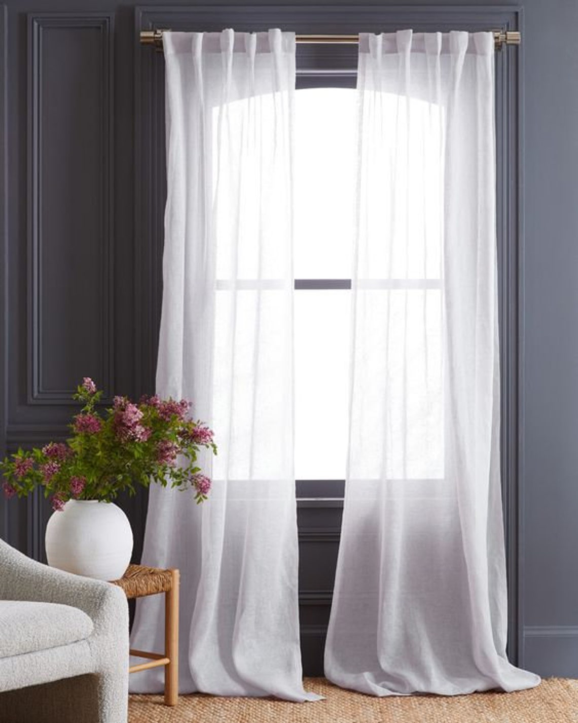 White Linen Sheer Canopy Bed Curtain, Custom Size Kitchen Curtain Panel