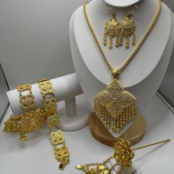 Elegant Lanna-Style Thai Jewelry Set - 4 pcs | Gold Color Wedding & Fashion Pendants | Exquisite Thai Craftsmanship| Thai Necklace Jewelry