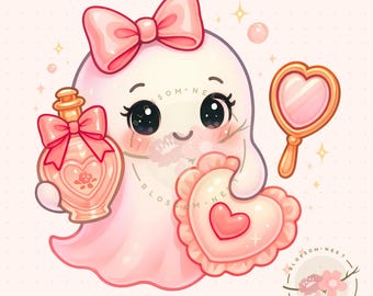 Kawaii pink halloween png, pastel coquette halloween png, cute girl ghost, pink ghost png, spooky cute ghost png, commercial use