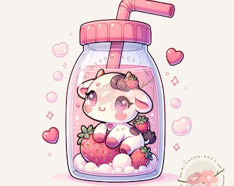Kawaii strawberry milk cow clipart, cow milk sticker, kawaii pink animals, baby cow png, strawberry cow clipart, sublimation designs, diy
