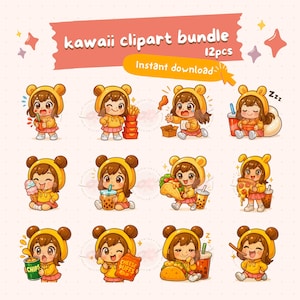 kawaii chibi girl snacks clipart bundle, printable digital stickers, cute fast food, chibi bunny hoodie, chibi food, commercial use, png