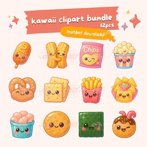 Kawaii snack clipart bundle png, 12 chibi food illustrations