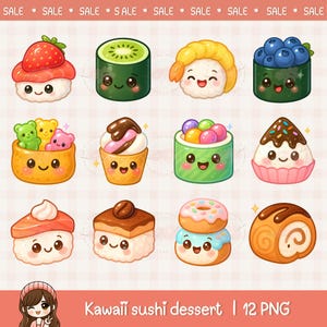 Cute kawaii sushi dessert clipart bundle, street foods, kawaii food illustration, chibi food art, printable digital stickers, commercial use