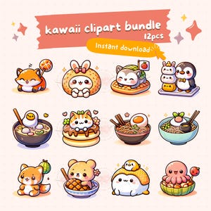 Kawaii japanese food clipart bundle, cute food PNG, printable stickers, ramen, sushi, dim sum, chibi art, commercial use, sublimation design image 1