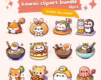Kawaii japanese food clipart bundle, cute food PNG, printable stickers, ramen, sushi, dim sum, chibi art, commercial use, sublimation design