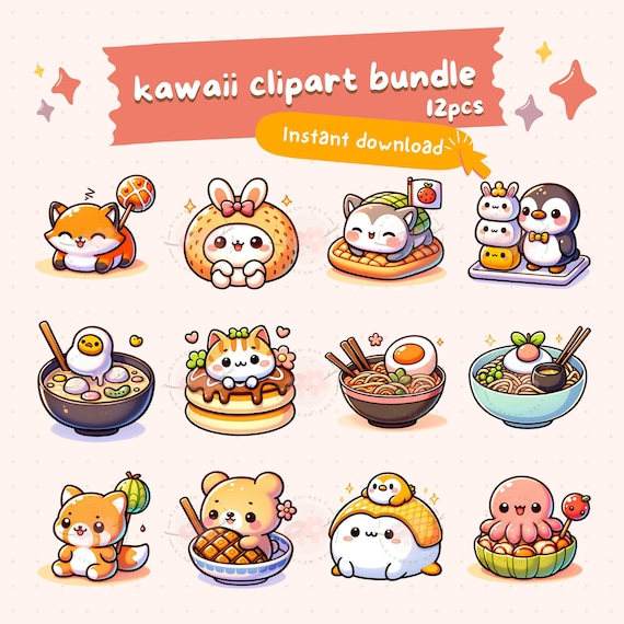 Kawaii japanese food clipart bundle, cute food PNG, printable stickers, ramen, sushi, dim sum, chibi art, commercial use, sublimation design