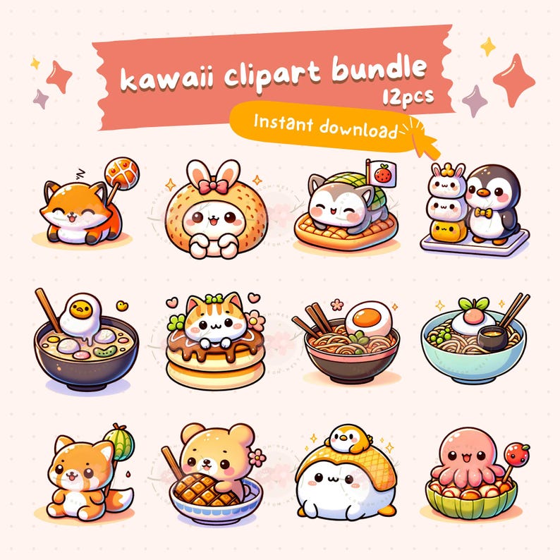 Kawaii japanese food clipart bundle, cute food PNG, printable stickers, ramen, sushi, dim sum, chibi art, commercial use, sublimation design image 1