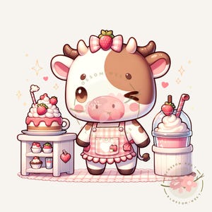 Kawaii strawberry cow girl png, pink cow sticker, kawaii pink animals, baby cow png, strawberry cow clipart, sublimation designs, diy crafts
