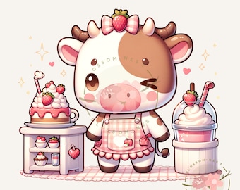 Kawaii strawberry cow girl png, pink cow sticker, kawaii pink animals, baby cow png, strawberry cow clipart, sublimation designs, diy crafts