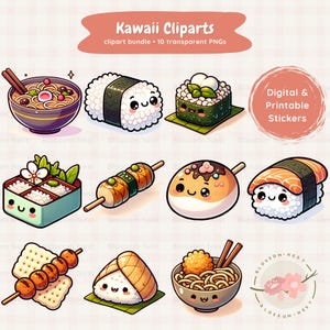 Kawaii japanese food clipart bundle, cute food PNG, printable stickers, ramen, sushi, dim sum, chibi art, commercial use, sublimation design