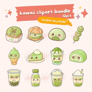 Kawaii matcha food clipart bundle PNG, chibi matcha desserts, cute Japanese treats, digital stickers, pastel green matcha art