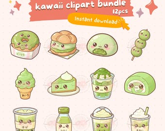 Paquete de imágenes prediseñadas de comida kawaii de matcha, postres chibi de matcha, dulces japoneses adorables, pegatinas digitales, arte de matcha verde pastel