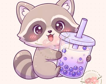 Kawaii raccoon blueberry boba clipart png, chibi raccoon holding bubble tea, pastel drink illustration, cute animal digital sticker