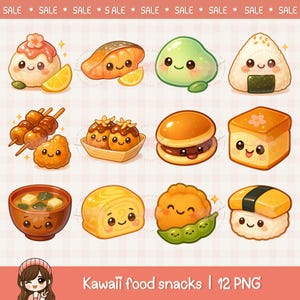 Cute kawaii food clipart, street foods, kawaii food illustration, chibi food art, printable digital stickers, commercial use, png