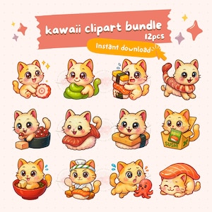 Kawaii cat sushi clipart bundle, sushi cat stickers, cute chibi cats graphics, printable digital planner stickers, commercial, PNG