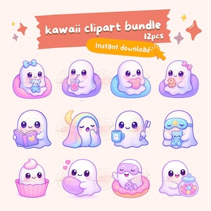 kawaii cozy ghost clipart bundle, pastel bedtime ghost pngs with books, mugs, plush toys, printable digital stickers, commercial use