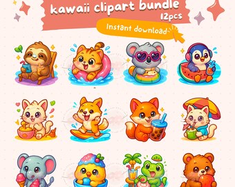 Kawaii Summer Animal Clipart Bundle: Beach Vacation PNG Stickers (Commercial Use
