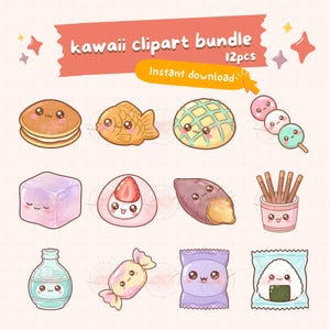 Kawaii japanese snacks clipart bundle PNG, chibi sweets and desserts illustrations, pastel food art