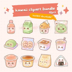 Kawaii japanese konbini snacks clipart bundle PNG, cute chibi food illustrations pastel dessert art