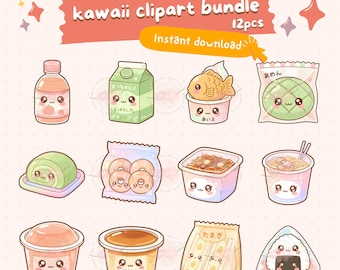 Kawaii japanese konbini snacks clipart bundle PNG, cute chibi food illustrations pastel dessert art