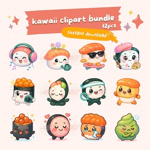 Kawaii sushi clipart bundle, cute street foods, kawaii food illustration, funny chibi food art, printable digital stickers, commercial use