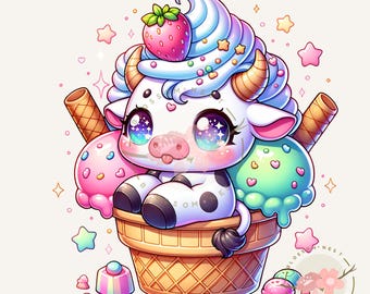 Kawaii pink strawberry ice cream cow png, dessert sticker, kawaii pink animals, baby cow png, strawberry cow clipart, sublimation designs