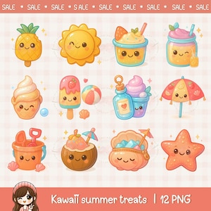 Kawaii summer beach treats clipart, kawaii food, cute vacation, tropical sticker, chibi food, printable digital sticker, commercial use, png