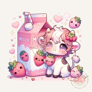 Kawaii pink strawberry milk cow png, cow milk sticker, kawaii pink animals, baby cow png, strawberry cow clipart, sublimation designs, diy