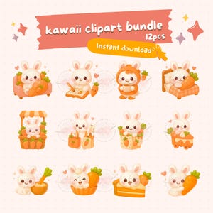 Kawaii carrot bunny food clipart, chibi foods, cute cake and desserts, cute chibi bunny, printable digital stickers, commercial use, png