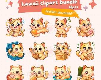 Kawaii cat clipart bundle png with japanese food snacks, chibi kitty illustrations