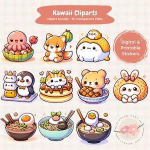 Raccolta di clipart kawaii di cibo giapponese, PNG di cibo carino, adesivi stampabili, ramen, sushi, dim sum, arte chibi, uso commerciale, design a sublimazione