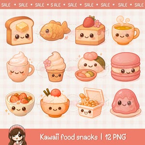 Cute kawaii food clipart, street foods, kawaii food illustration, chibi food art, printable digital stickers, commercial use, png