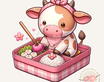 Kawaii pink bento box cow PNG, chibi food clipart, baby cow sticker, sakura lunchbox art, cute digital sticker for sublimation kids crafts
