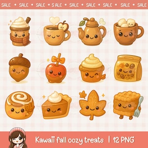 Joli paquet de cliparts dessert douillet kawaii automne, boissons à la citrouille d&#39;automne, nourriture kawaii, art culinaire chibi, autocollants numériques imprimables, usage commercial