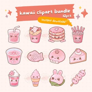 May include: A set of 12 pink kawaii clipart images showcasing desserts and drinks, such as pancakes, ice cream, and a fish-shaped pastry. The text "kawaii clipart bundle" and "Instant download" are visible.
