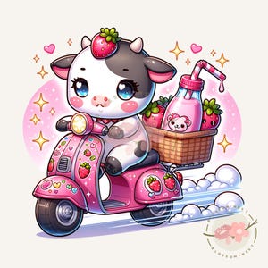 Kawaii pink scooter cow clipart, pink cow png, kawaii pink animal, baby cow png, strawberry cow milk clipart, sublimation designs, diy craft