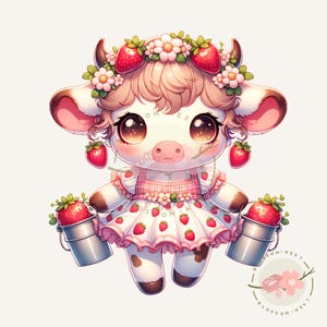 Kawaii strawberry cow girl png, pink cow sticker, kawaii pink animals, baby cow png, strawberry cow clipart, sublimation designs, diy crafts