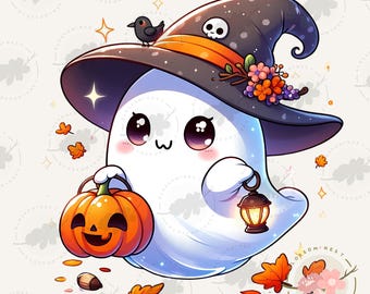 May include: A cute cartoon ghost wearing a witch hat with a skull and flowers, holding a jack-o'-lantern and a lantern. The ghost is white with large eyes and a smiling face. A black bird sits on the hat. Autumn leaves and stars surround the ghost.