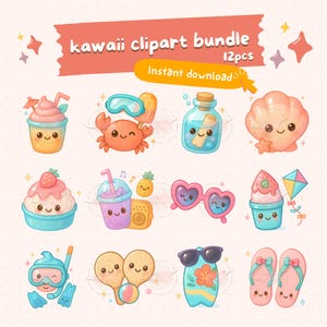 Cute kawaii summer beach treats clipart, kawaii food, tropical stickers, chibi food art, printable digital stickers, commercial use, png
