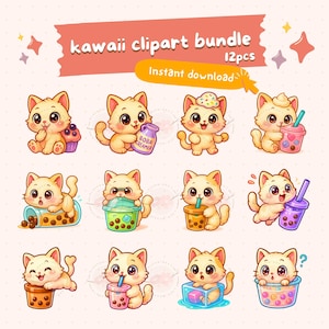 Kawaii cat boba clipart bundle, cute boba tea graphics, bubble tea drink, boba cat, printable digital planner stickers, commercial, PNG