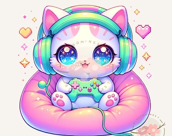 Kawaii pink cat gamer png, gamer stickers, chibi pngtuber, gaming animals, video game, commercial use