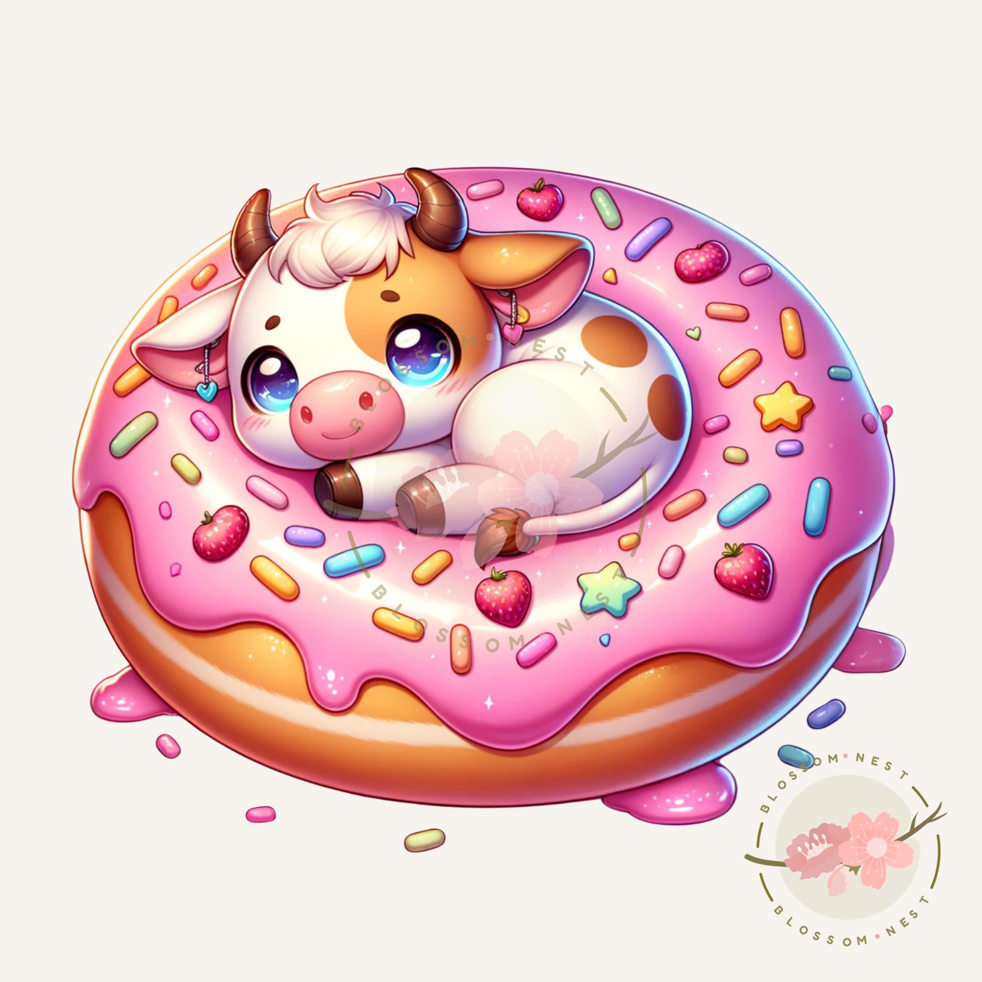 Sapi Pink Kawaii Pink Donut Cow Clipart, Baby Cow Png, Strawberry Digital Sticker ...