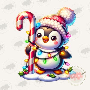 Cute penguin candy cane png, kawaii penguin sticker, christmas penguin sublimation, christmas light png, winter penguin png,xmas clipart,POD