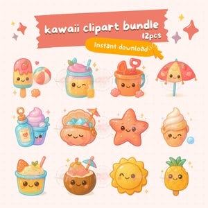 Kawaii summer beach treats clipart, kawaii food, cute vacation, tropical sticker, chibi food, printable digital sticker, commercial use, png