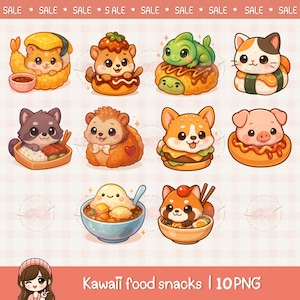 Kawaii animals food clipart, street foods, cute food animals, chibi food art, printable digital stickers, commercial use, png