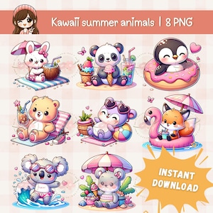 Kawaii Sommer Strand Tiere Clipart Bundle, süßer Sommer png, Chibi Tier Sommerferien, bedruckbarer digitaler Aufkleber, kommerzielle Nutzung