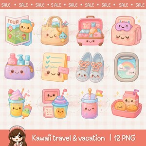 Niedliche Kawaii Urlaub Reise Clipart, niedliche Planer Aufkleber, Reiseutensilien, Paris, druckbare digitale Aufkleber, kommerzielle Nutzung, png